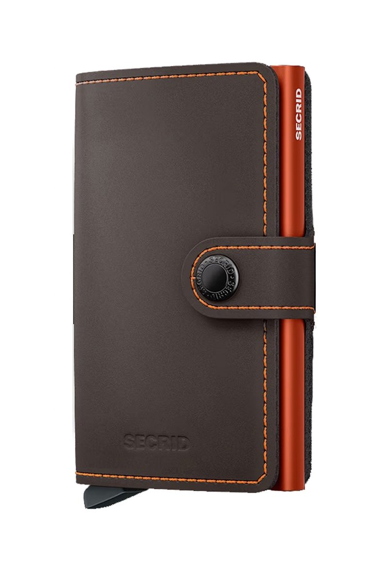 Brown leather wallet with orange stitching, featuring a snap closure, embossed logo, and a compact design for cards.
