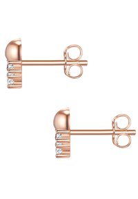 Pendientes de botón en rosa dorado con una parte superior redondeada y tres piedras preciosas transparentes a lo largo del borde inferior. Acabado metálico suave con un diseño minimalista.