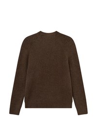 Brun stickad tröja med rund halsringning, raglanärmar och ribbad fåll. Mjuk textur med en enfärgad design och inga synliga mönster eller detaljer.