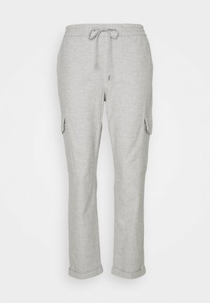 Gray cotton blend cargo pants with a drawstring waistband, side pockets, and rolled cuffs. Soft texture and straight-leg design.