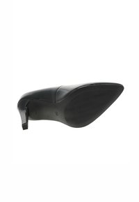 Scarpa nera con tacco alto, punta affilata e tomaia in pelle liscia. La suola presenta un motivo testurizzato per una migliore aderenza.