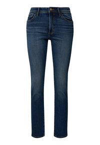Jean en denim bleu foncé avec une coupe droite, design à cinq poches, accent de couture visible et fermeture à bouton à l'avant.