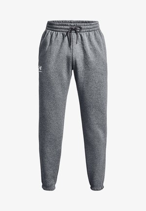 Graue Jogginghose aus weichem Stoff mit elastischem Bund und Kordelzug. Sie hat schmal zulaufende Beine und ein Logo auf der linken Seite.