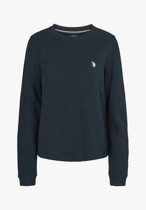 Mörkgrön långärmad tröja med rund halsringning, tillverkad av textil med struktur, med en liten vit logotyp och kontrasterande randig innerkrage.