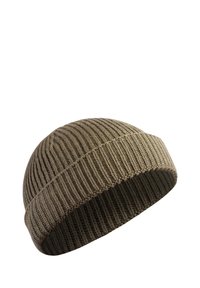 Knitted beanie in olive green with a ribbed texture, featuring a rolled cuff and a close-fitting, rounded shape.