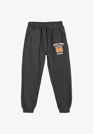 Donkergrijze sweatpants met elastische boorden en tailleband, voorzakken, trekkoord en "New York 98 College League" in het wit en oranje op één been gedrukt.