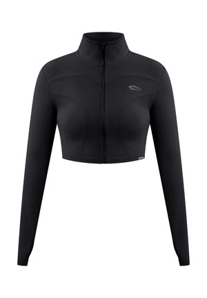 Giacca nera cropped con maniche lunghe, collo alto e zip frontale. Realizzata in materiale morbido e elasticizzato con sottili dettagli di cucitura.