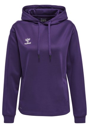 Paarse hoodie van gladde stof met lange mouwen, voorzakken, trekkoordcapuchon en een wit logo op de linkerborst.