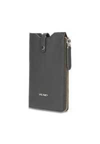 Compact gray leather wallet with a zipper closure, snap button detail, and embossed logo on the front. Features smooth textured surface.