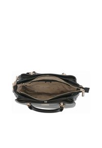 Borsa a tracolla in pelle nera con finiture in tonalità oro. Presenta tre scomparti, doppie zip e un interno beige con un motivo a logo ripetuto del marchio.