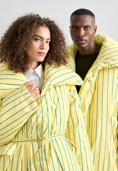 Yellow striped outerwear with a wide collar, featuring a belted waist and a soft texture. Two models display the garment together.