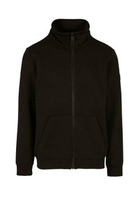 Schwarze Zip-Jacke mit hohem Kragen, ausgestattet mit einem strukturierten geometrischen Muster, langen Ärmeln und zwei vorderen Taschen.