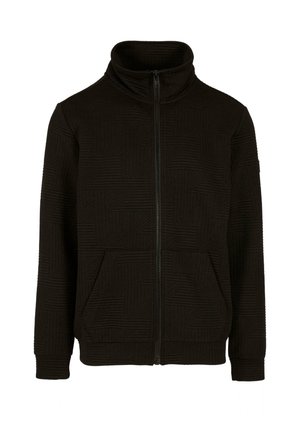 Jachetă neagră cu fermoar, cu un guler înalt, având un model geometric texturat, mâneci lungi și două buzunare frontale.