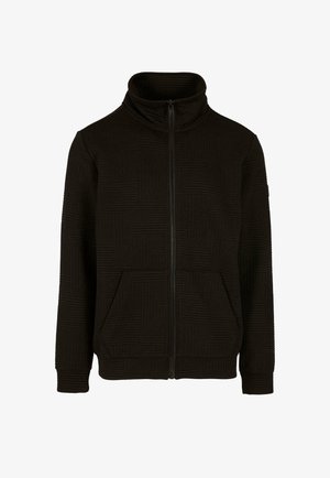 Černá zapínací bunda s vysokým límcem, která má texturovaný geometrický vzor, dlouhé rukávy a dvě přední kapsy.