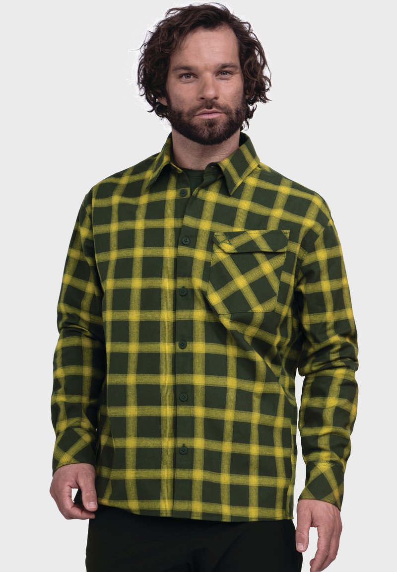 Grüne und gelbe karierten Flanellhemd mit Knopfleiste, langen Ärmeln und einer Brusttasche, aus einem weichen, strukturierten Stoff gefertigt.