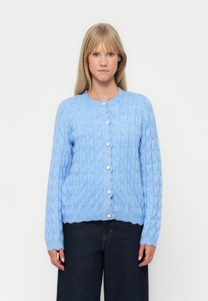 Lys blå cardigan med et teksturert kabelstrikkedesign. Har rund hals, lange ermer og knapper langs fronten.
