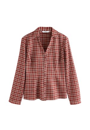 Chemise à carreaux rouge et blanc à manches longues, boutonnée avec col, présentée à plat sur fond blanc.