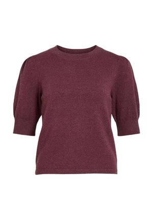 Burgundy knit sweater with short puff sleeves and a round neckline. Soft texture, fitted body, and ribbed cuffs. No patterns or accents.