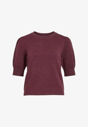 Burgundy knit sweater with short puff sleeves and a round neckline. Soft texture, fitted body, and ribbed cuffs. No patterns or accents.