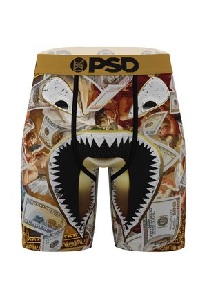 Boxershorts mit goldfarbenem Bund, Design-Logo, Dollarnoten, klassischen Kunstfiguren und einer stilisierten Haifischmaul-Grafik auf der Vorderseite.