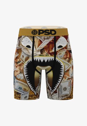 Boxershorts mit goldfarbenem Bund, Design-Logo, Dollarnoten, klassischen Kunstfiguren und einer stilisierten Haifischmaul-Grafik auf der Vorderseite.