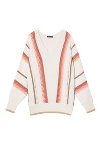 V-Ausschnitt-Pullover in Creme mit strukturiertem Stoff. Merkmale kräftiger pinker, brauner und orangefarbener vertikaler Streifen. Gerippte Bündchen und Saum.
