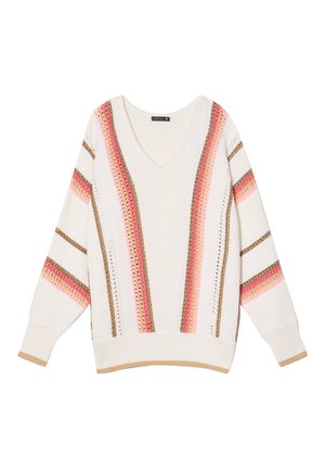 Crème V-hals trui van een gestructureerde stof. Kenmerkt zich door opvallende verticale strepen in roze, bruin en oranje. Geribbelde manchetten en zoom.