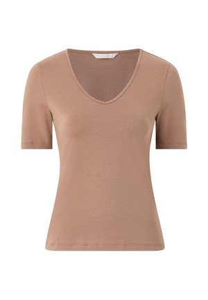 Kortärmelig, lichtbruine V-hals getailleerde dames T-shirt op een witte achtergrond.