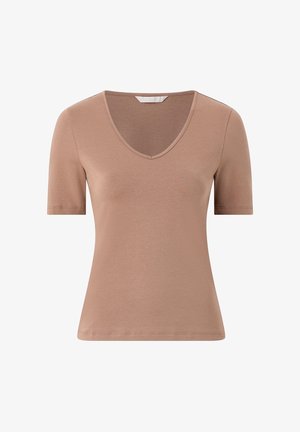 Kortærmet, lysebrun V-udskæring tætsiddende damet-shirt på hvid baggrund.