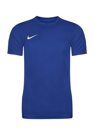 Blauwe sportshirt met korte mouwen van gladde stof, met een wit Nike-logo op de bovenlinkerzijde. Rechte snit en ronde halslijn.
