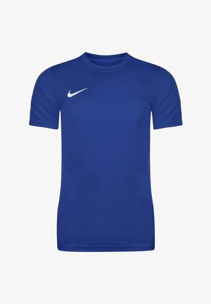 Blauwe sportshirt met korte mouwen van gladde stof, met een wit Nike-logo op de bovenlinkerzijde. Rechte snit en ronde halslijn.