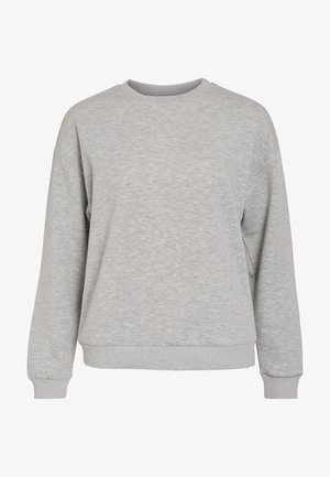 Šviesiai pilka paprasta megztinis su ilgomis rankovėmis, apvaliu kaklu ir susitvirtinančiomis rankogaliais bei apačia.