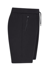 Zwarte sportshorts van zacht materiaal, met een trekkoord in de taille en een ritszak aan de zijkant voor veilige opslag.