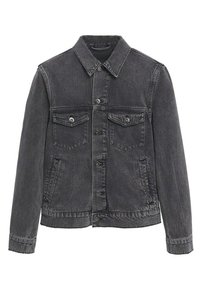 Giacca in denim nera sbiadita con chiusura a bottoni, due tasche a soffietto sul petto con bottoni e tasche laterali a fessura, maniche lunghe e colletto.