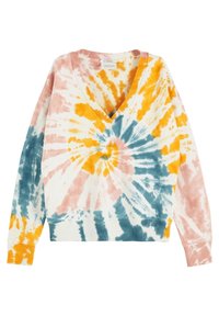 Felpa con scollo a V e motivo tie-dye nei colori rosa, arancio e teal, caratterizzata da una vestibilità ampia e polsini e orlo a coste. Materiale in misto cotone.