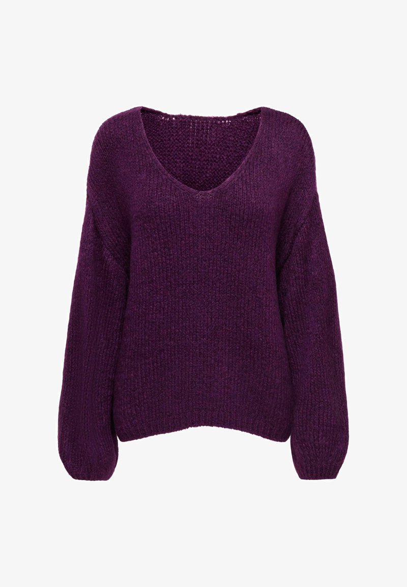 Lila gestrickter Pullover mit tiefem V-Ausschnitt, weiten Ärmeln und strukturierter Stoffoberfläche. Er verfügt über eine lockere Passform und einen gerippten Saum.