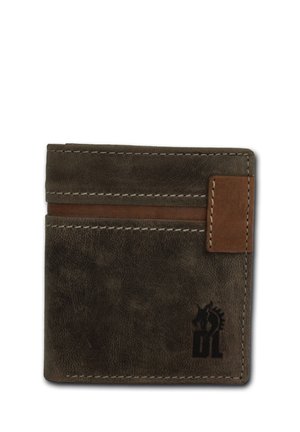 Portefeuille en cuir gris foncé avec une accent marron. Comprend plusieurs fentes pour cartes, des détails de couture et un logo en relief. Forme carrée.