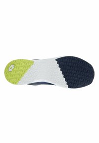 Podplat čevlja z heksagonalnim vzorcem. Odseki v limetinasti zeleni, mornarsko modri in beli barvi z logotipom v središču. Lahka material.
