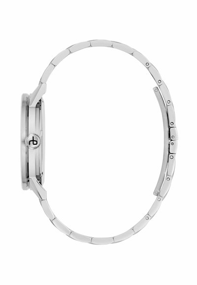 Montre-bracelet en métal argenté vue de côté, montrant la couronne avec un logo et le bracelet à maillons avec une boucle.