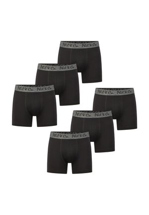 Sorte bomuldsboxershorts med en grå elastisk talje med branding, seks stykker vist fra forskellige vinkler, glat tekstur.