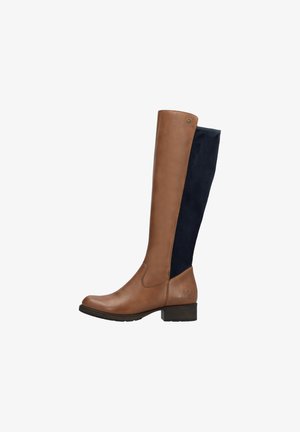 Botte en cuir marron jusqu'au genou avec un panneau arrière en daim bleu marine, bout arrondi et petit talon. Présente un logo discret sur le côté.