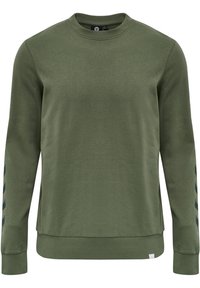Olijfgroene longsleeve sweatshirt, ronde hals, ribgebreide manchetten en zoom. Beschikt over contrasterende donkere strepen langs de mouwen. Zachte stofstructuur.