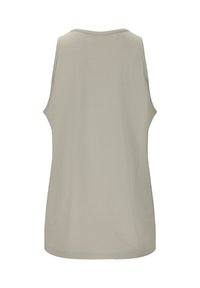 Top senza maniche grigio chiaro con scollo rotondo e texture liscia. Caratterizzato da un design semplice e pulito, senza motivi o accenti visibili.