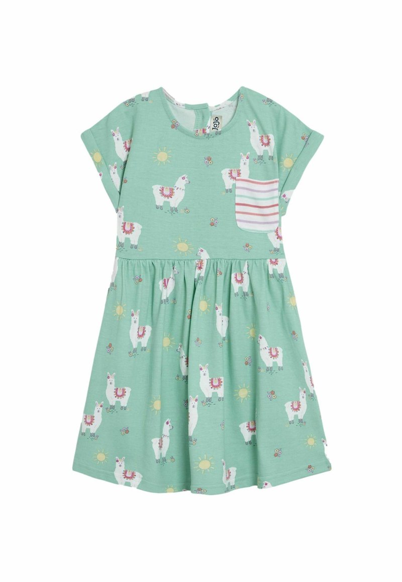 Mint vihreä mekko, jossa on lama-printti, lyhyet hihat ja raidallinen tasku. Laaja helma, jossa on kukka- ja aurinkokuvioita. Pehmeää puuvillakangasta.