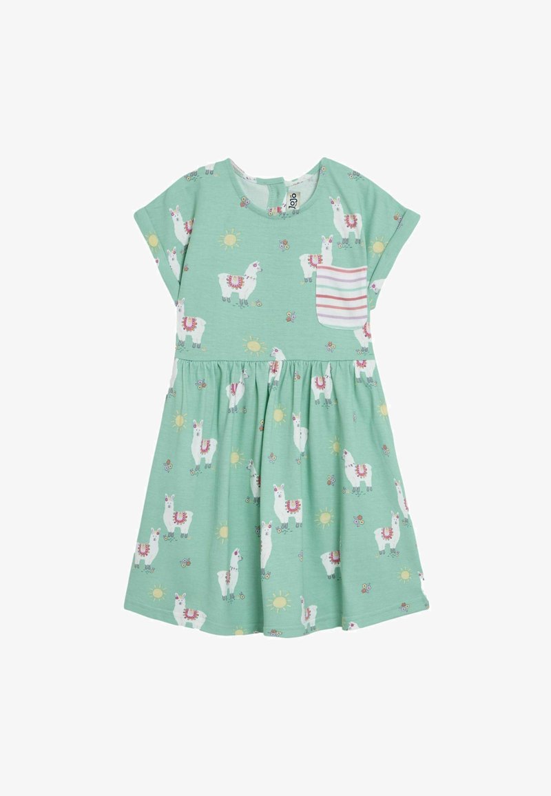 Mint zelena haljina s uzorkom lame, kratkim rukavima i prugastim džepom. Lepršava suknja s cvjetnim i sunčanim uzorcima. Mekani pamučni materijal.