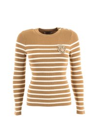 Maglione a righe a costine marrone e crema. Presenta un collo rotondo, maniche lunghe e bottoni decorativi sulla spalla. Include un dettaglio con emblema.