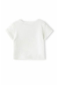 Bela bombažna kratka majica s kratkimi rokavi in okroglim izrezom, s gladko teksturo in zašitim robom, zasnovana za priložnostno prileganje.