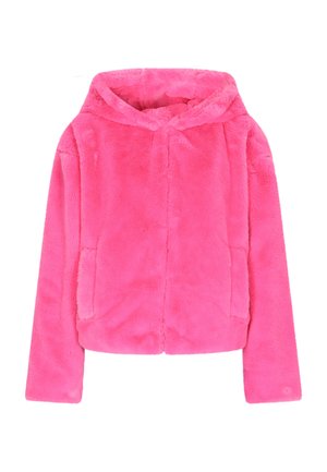 Nepbont, hoodie-jack in felroze. Beschikt over lange mouwen en zijzakken. Zachte textuur, cropped ontwerp met een rits aan de voorkant.