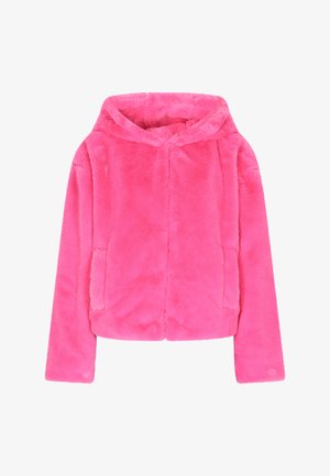 Faux-Fur, kapuzenshirt in leuchtendem Pink. Mit langen Ärmeln und seitlichen Taschen. Weicher Stoff, kurz geschnitten mit einem Reißverschluss auf der Vorderseite.