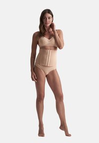 Completo di shapewear beige, con reggiseno strutturato e modellante a vita alta con chiusura frontale, tessuto liscio e vestibilità elastica.